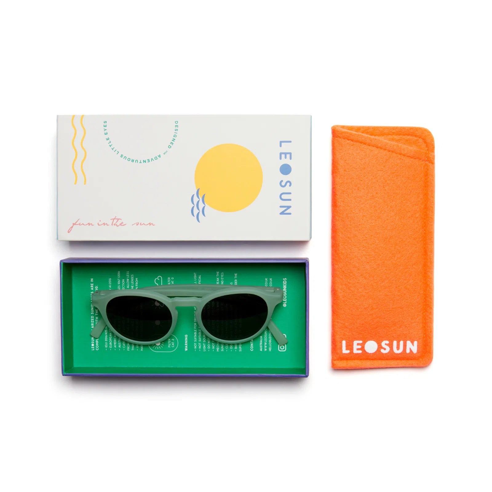 Leosun sólgleraugu fyrir börn. Koma í kassa og hulstur fylgir
