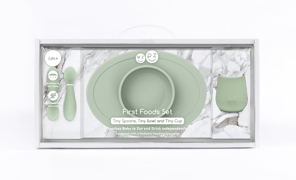 ezpz first foods set, sage. Matarstell fyrir börn. Skál, glas og skeiðar. 