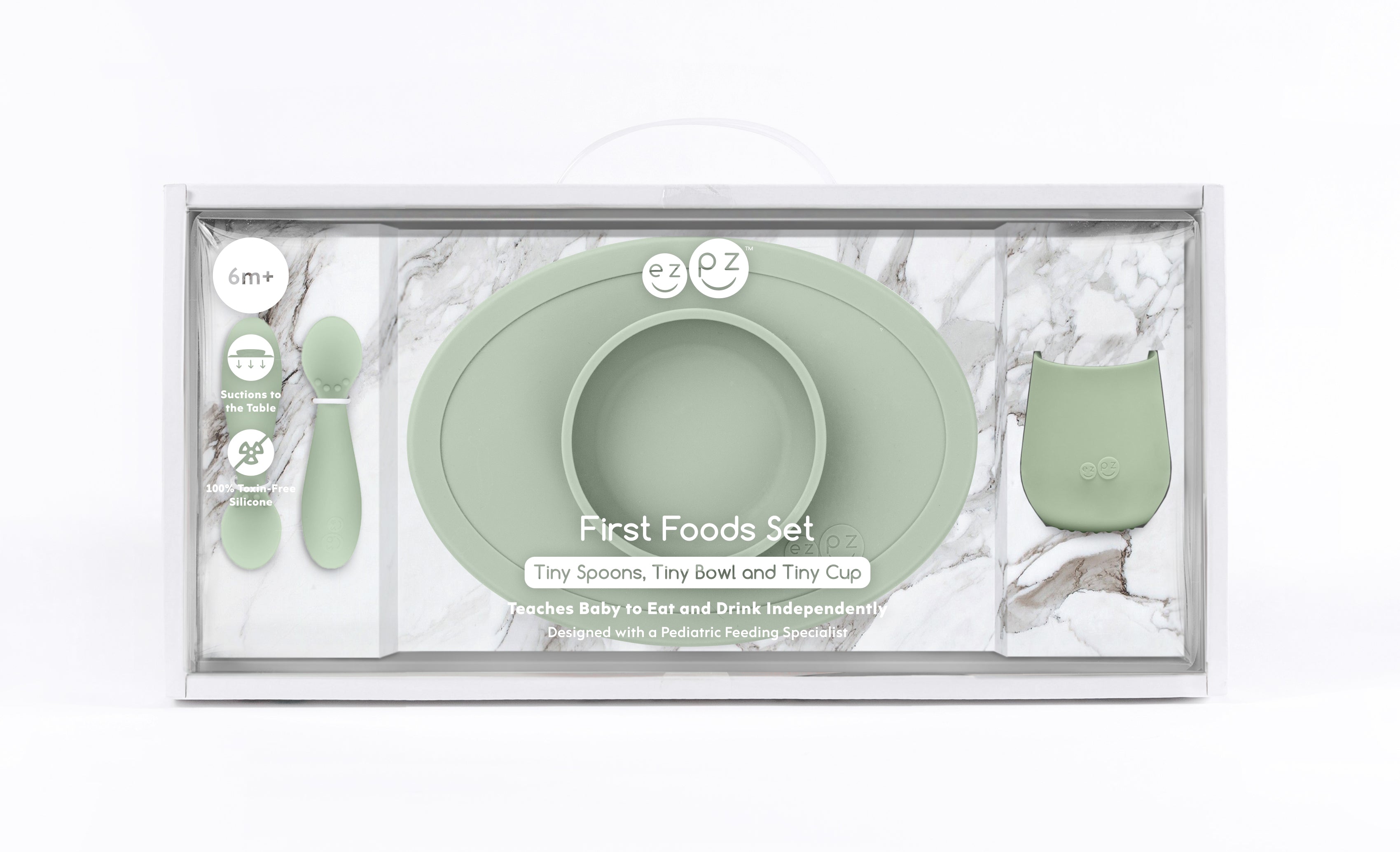 ezpz first foods set, sage. Matarstell fyrir börn. Skál, glas og skeiðar. 