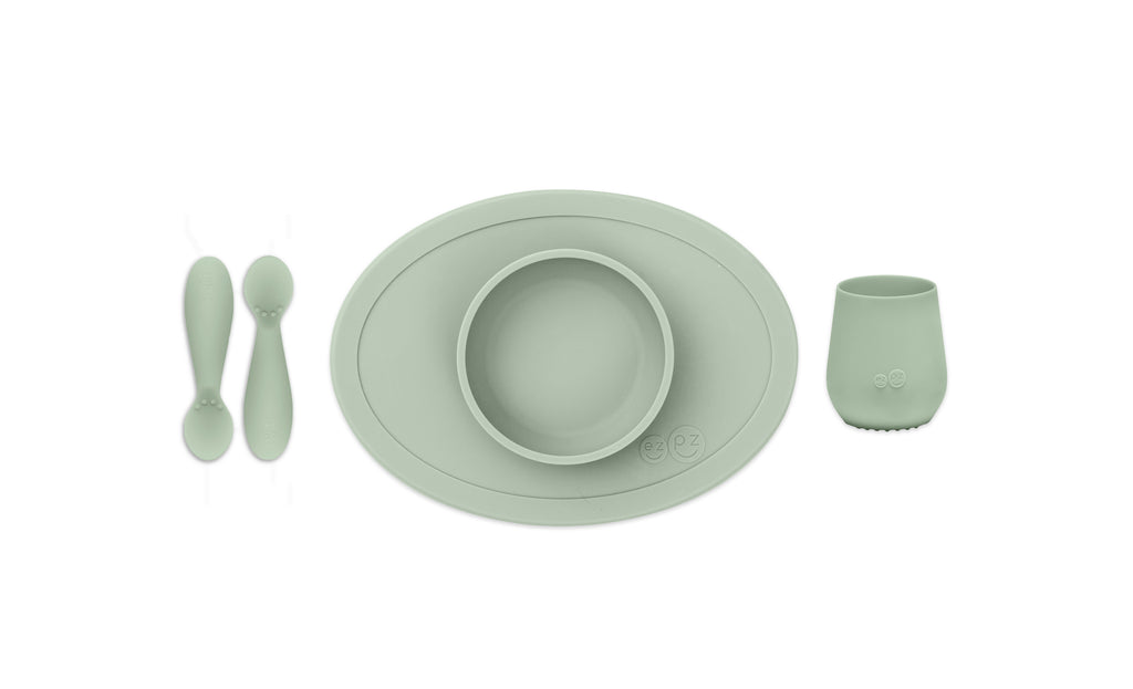 ezpz first foods set, sage. Matarstell fyrir börn. Skál, glas og skeiðar. 