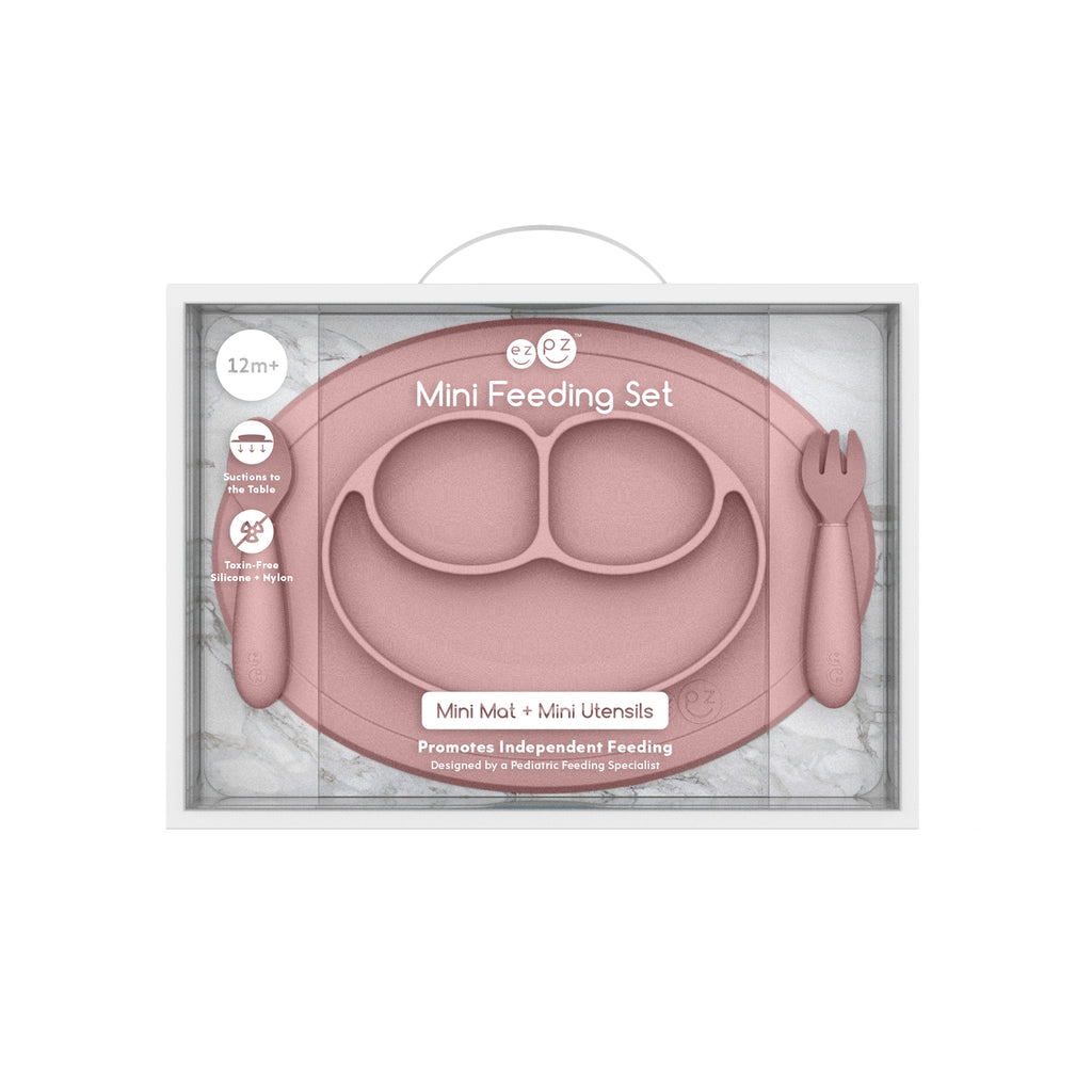 ezpz mini feeding set, blush. Matarstell fyrir börn. Diskur með sogskál og hnífapör.  fullkomin gjöf - kemur í kassa