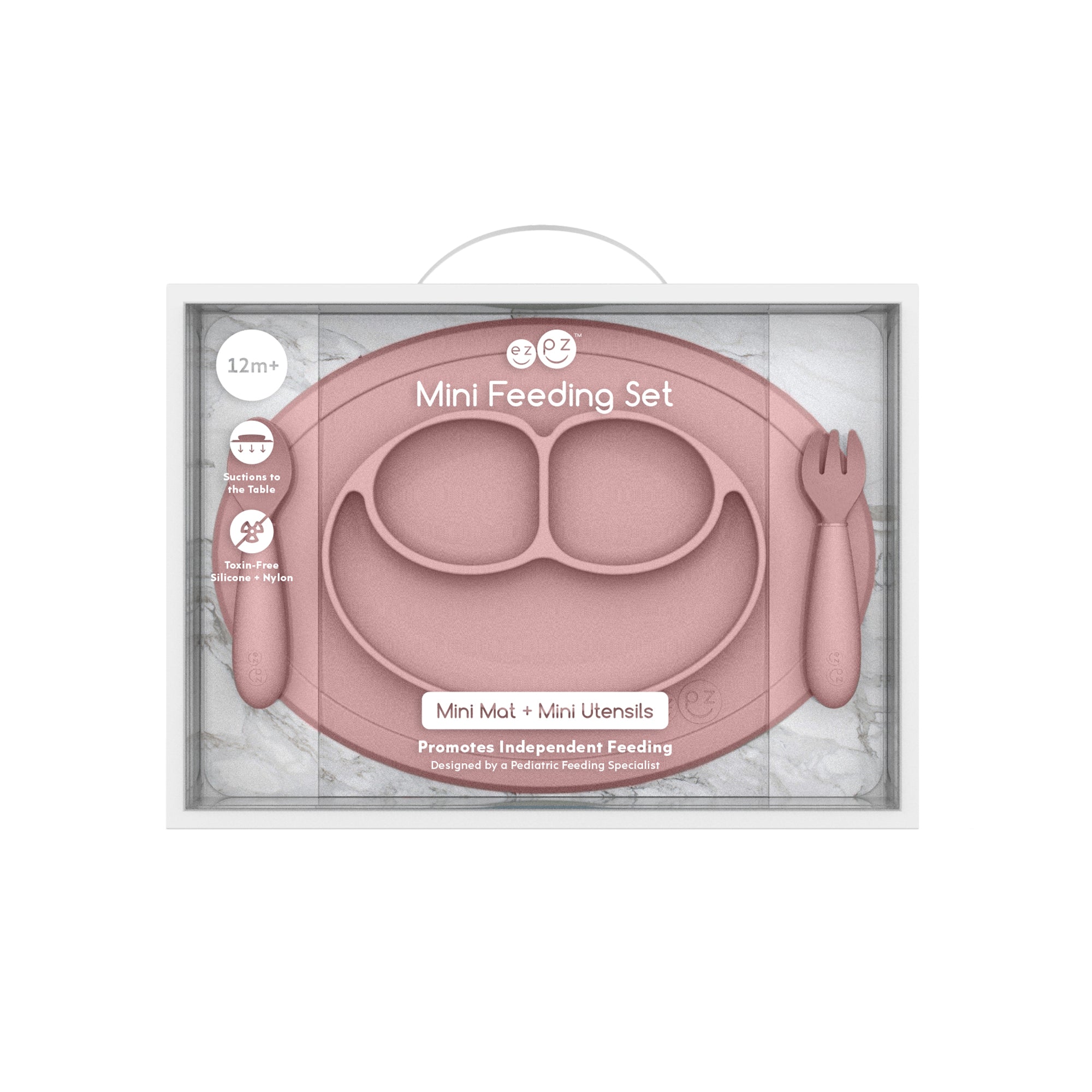 ezpz mini feeding set, blush. Matarstell fyrir börn. Diskur með sogskál og hnífapör.  fullkomin gjöf - kemur í kassa