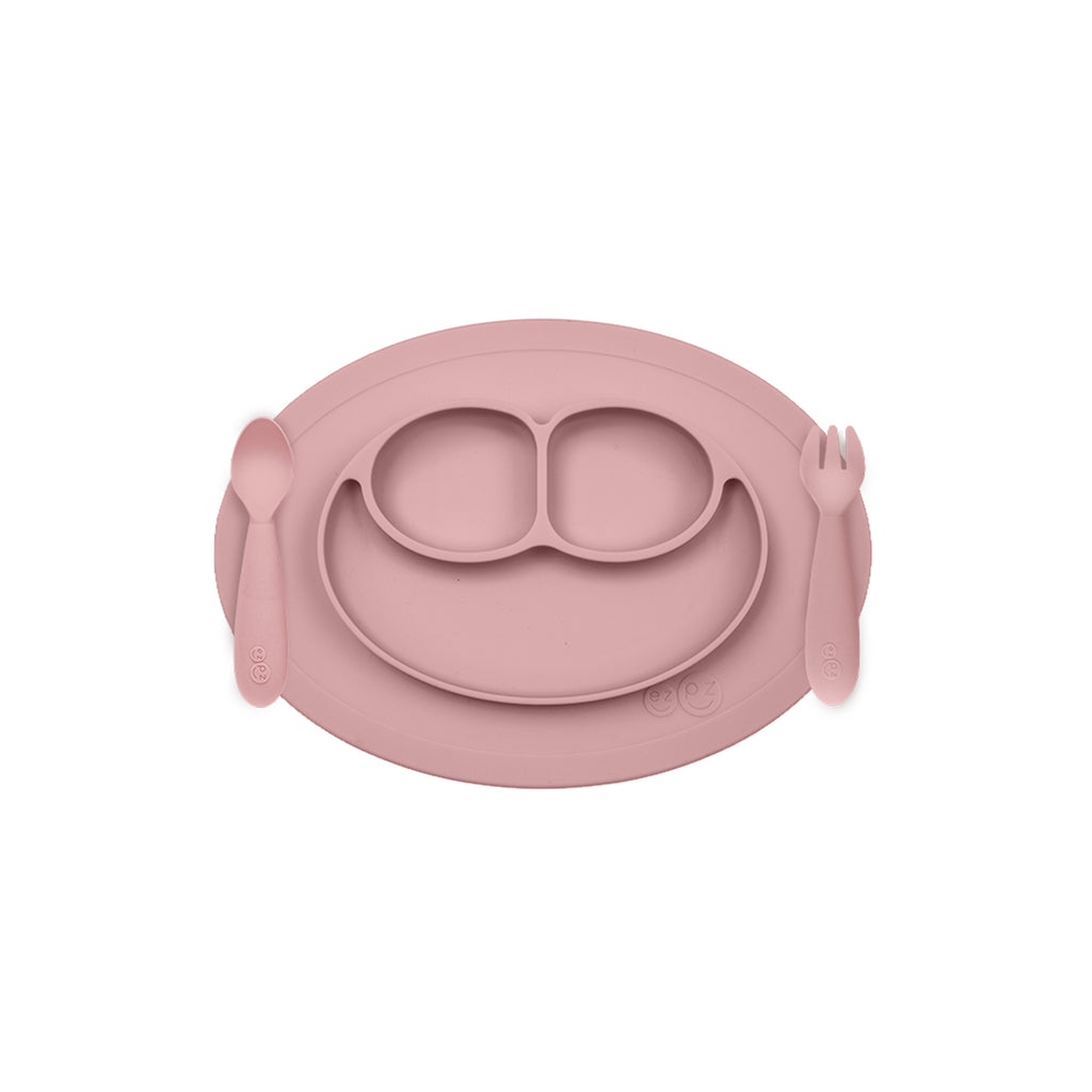 ezpz mini feeding set, blush. Matarstell fyrir börn. Diskur með sogskál og hnífapör. 