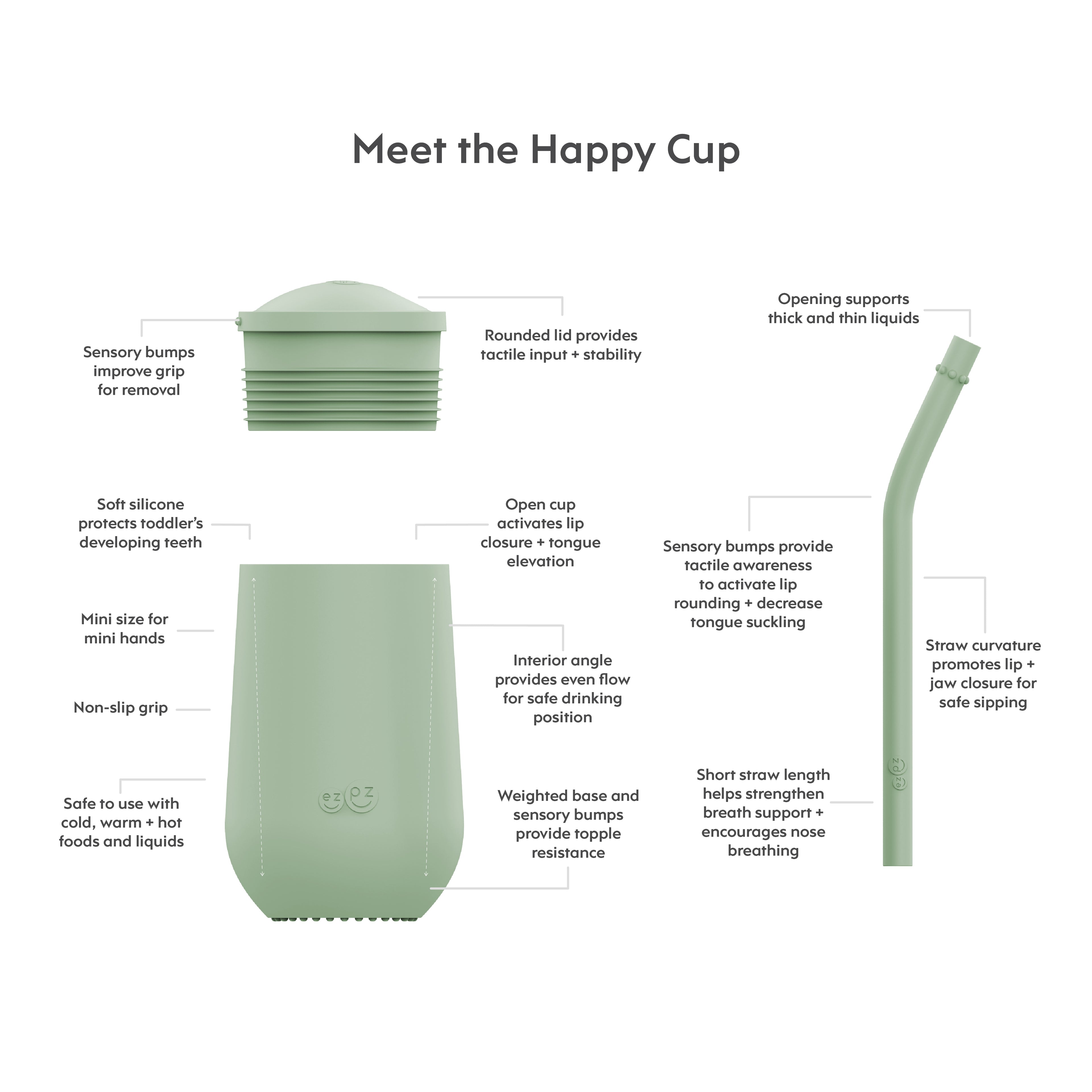 ezpz happy cup glas með röri, sage litur